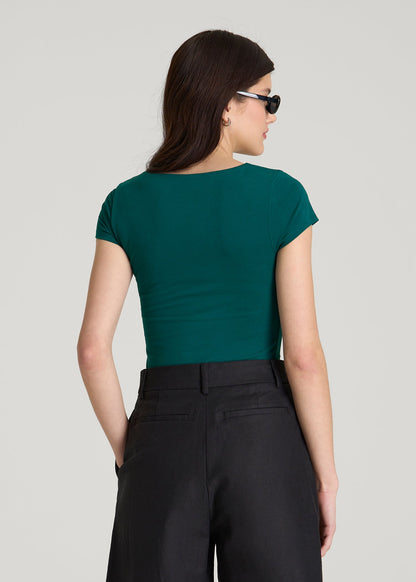 Cotton Blend Short Sleeve Square Neck Bodysuit for Tall Women in Deep Teal