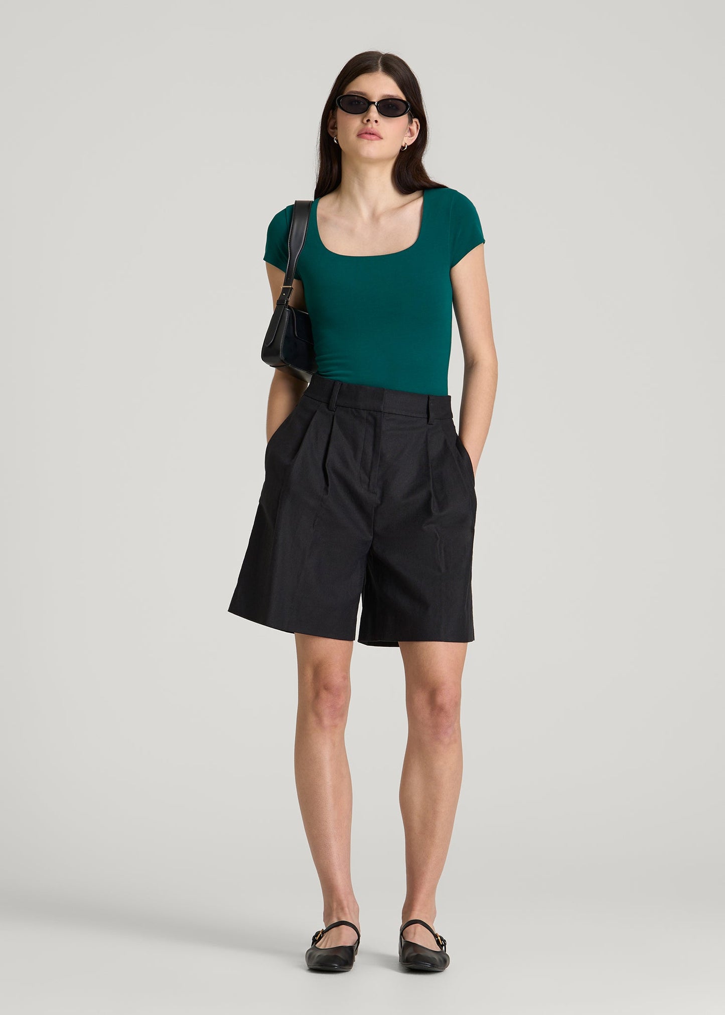 Cotton Blend Short Sleeve Square Neck Bodysuit for Tall Women in Deep Teal
