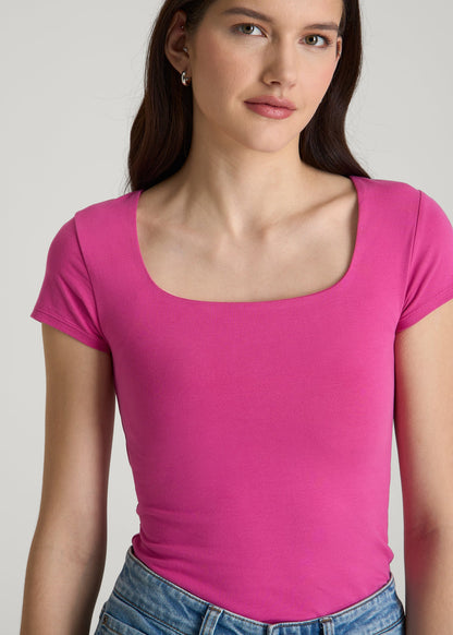 Cotton Blend Short Sleeve Square Neck Bodysuit for Tall Women in Magenta
