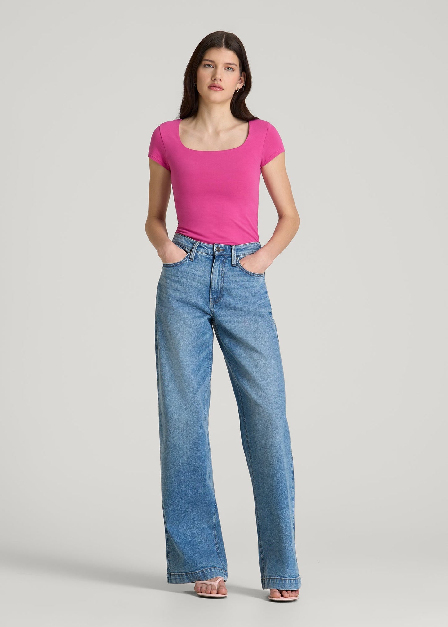 Cotton Blend Short Sleeve Square Neck Bodysuit for Tall Women in Magenta