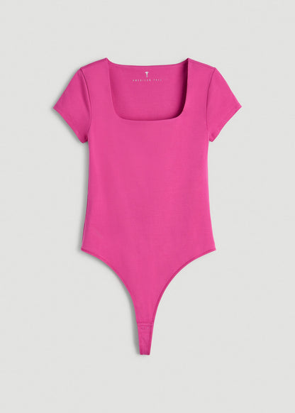 Cotton Blend Short Sleeve Square Neck Bodysuit for Tall Women in Magenta