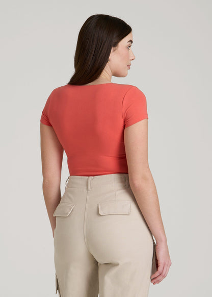Cotton Blend Short Sleeve Square Neck Bodysuit for Tall Women in Sunset Coral