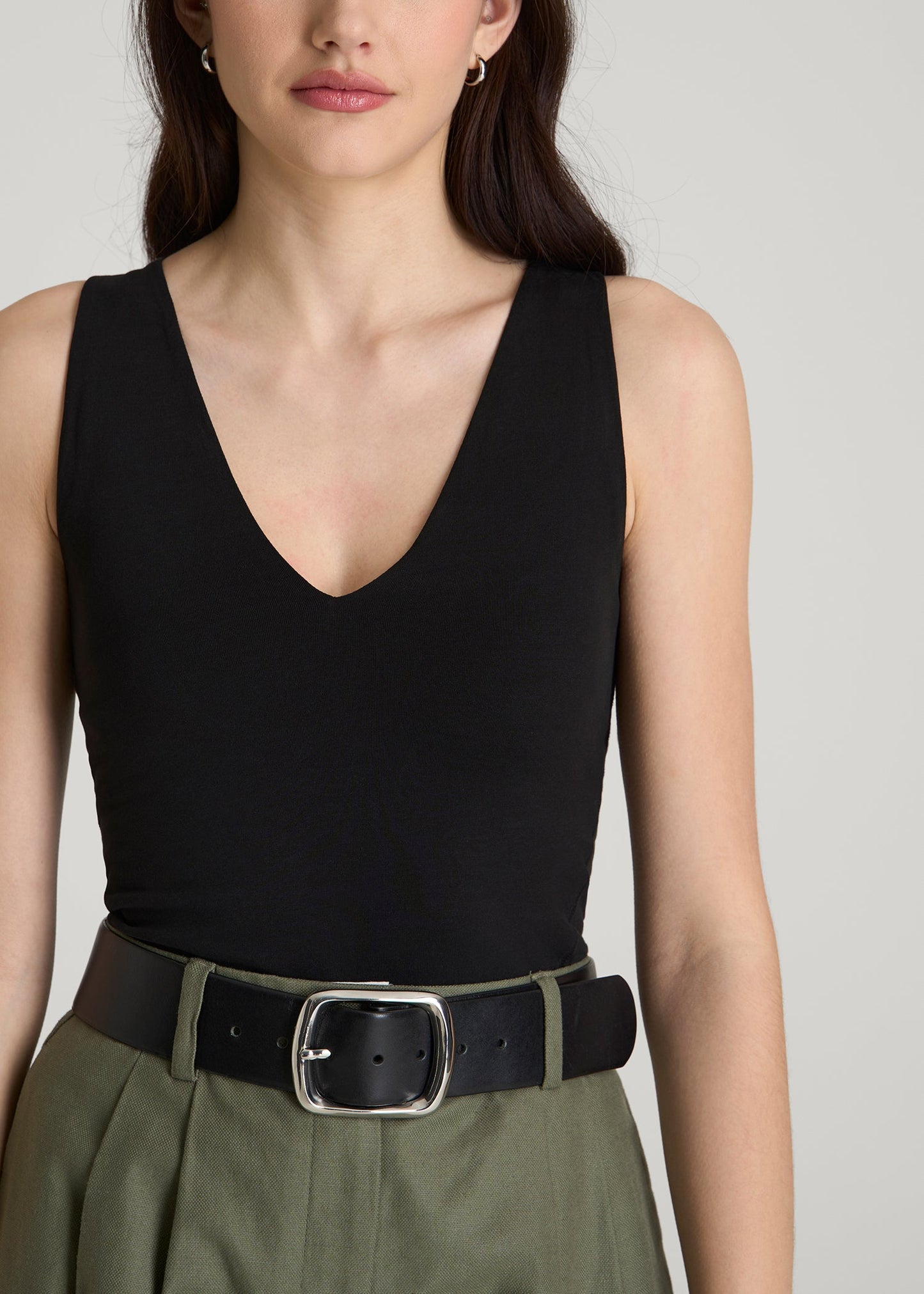 Cotton Blend Sleeveless V-Neck Bodysuit for Tall Women in Black