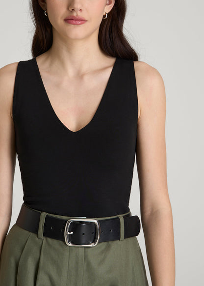 Cotton Blend Sleeveless V-Neck Bodysuit for Tall Women in Black