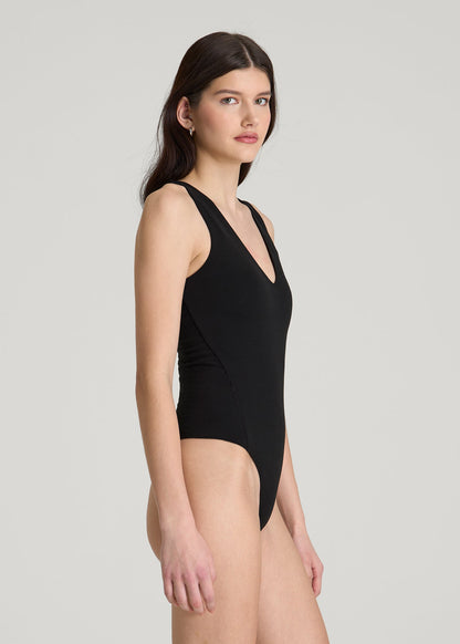Cotton Blend Sleeveless V-Neck Bodysuit for Tall Women in Black