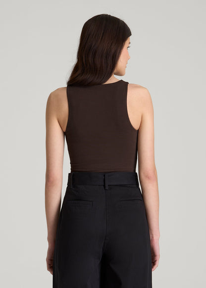 Cotton Blend Sleeveless V-Neck Bodysuit for Tall Women in Espresso