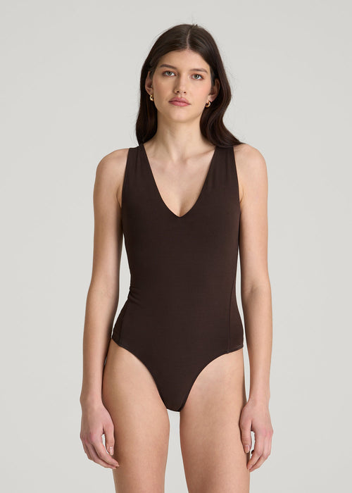 Cotton Blend Sleeveless V-Neck Bodysuit for Tall Women in Espresso