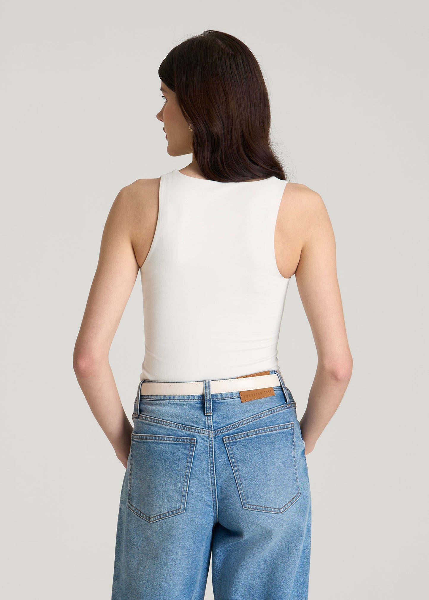 Cotton Blend Sleeveless V-Neck Bodysuit for Tall Women in White Sand