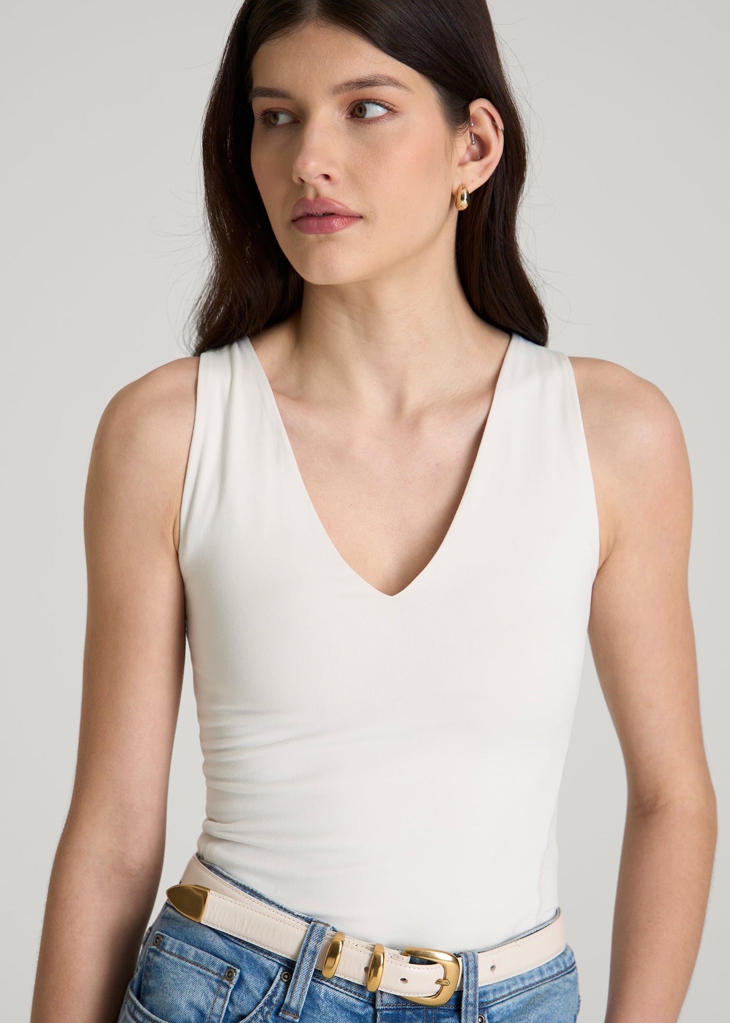 Cotton Blend Sleeveless V-Neck Bodysuit for Tall Women in White Sand