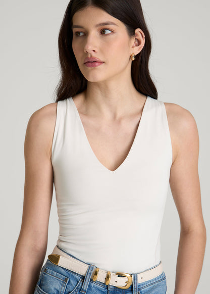 Cotton Blend Sleeveless V-Neck Bodysuit for Tall Women in White Sand