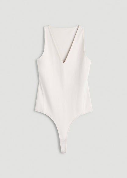 Cotton Blend Sleeveless V-Neck Bodysuit for Tall Women in White Sand