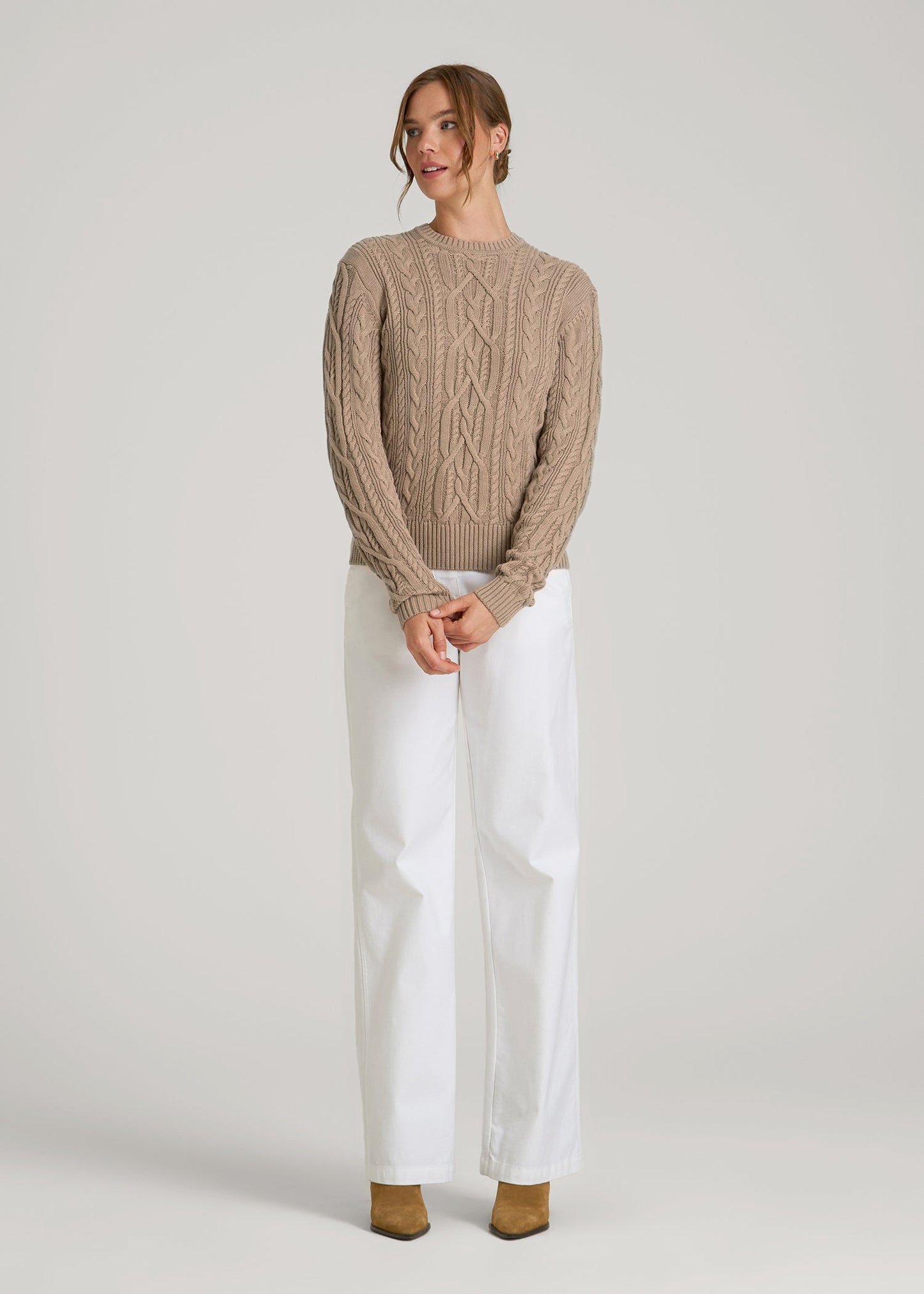 Cotton Crewneck Sweater for Tall Women in Stucco