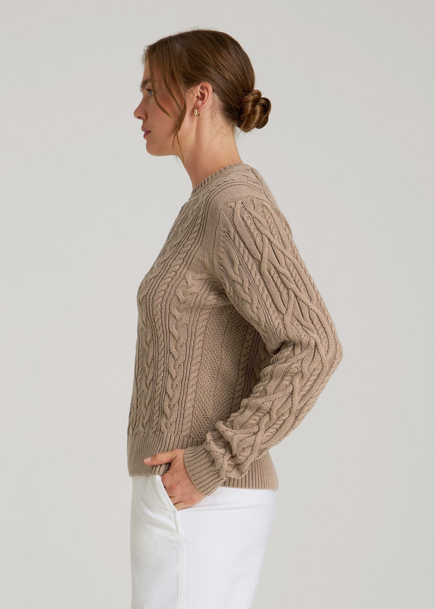 Cotton Crewneck Sweater for Tall Women in Stucco