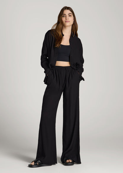 Crinkle Pull-on Wide-leg Pants for Tall Women in Black