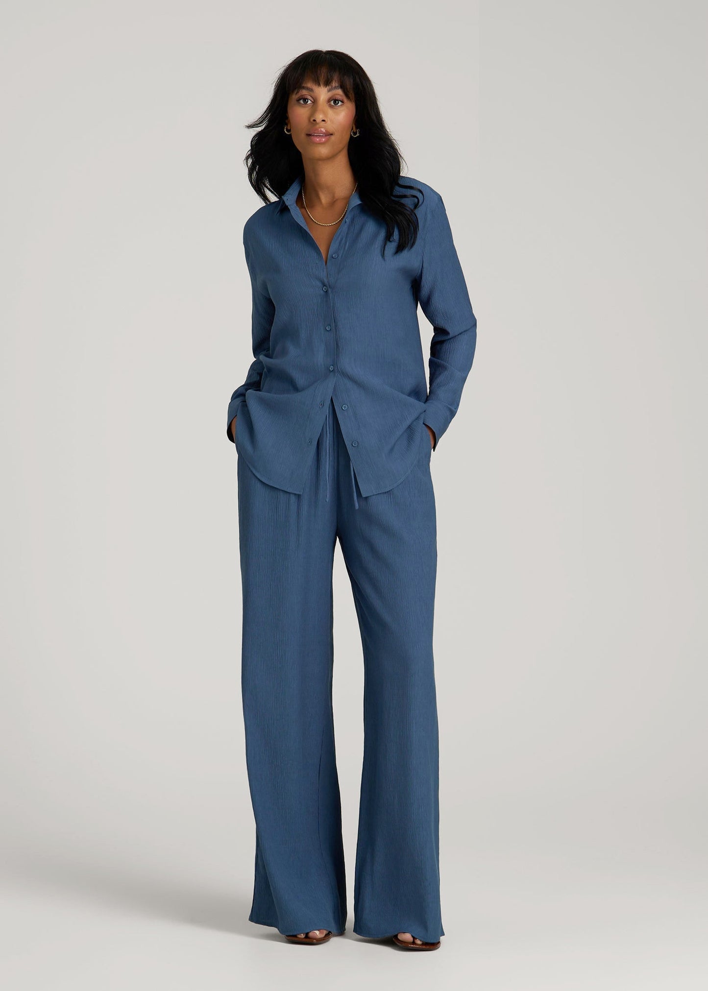 Crinkle Pull-on Wide-leg Pants for Tall Women in Flag Blue