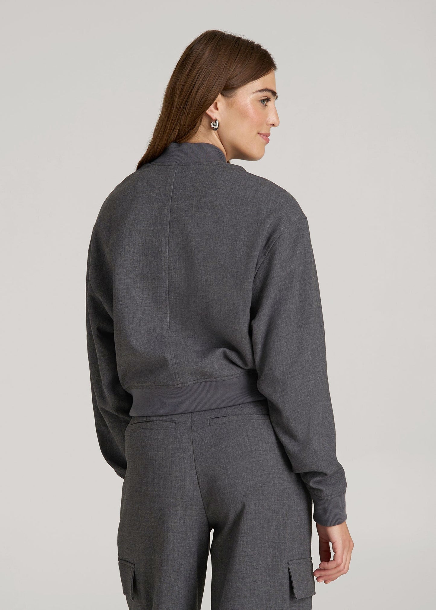 Cropped Bomber Jacket for Tall Women in Graphic Charcoal