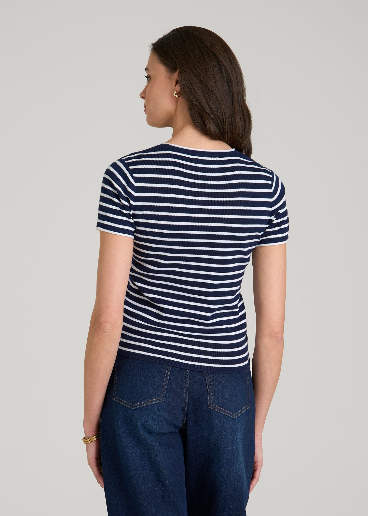 Cropped Knit Tee for Tall Women in Bold Navy Stripe