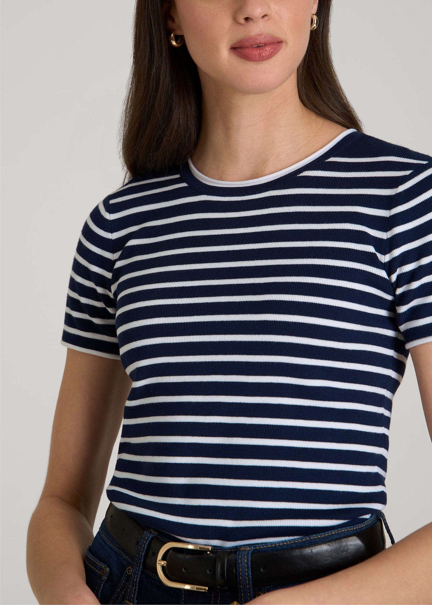 Cropped Knit Tee for Tall Women in Bold Navy Stripe