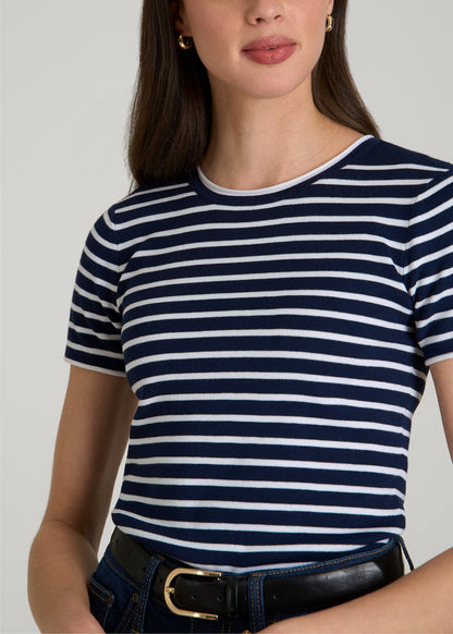 Cropped Knit Tee for Tall Women in Bold Navy Stripe