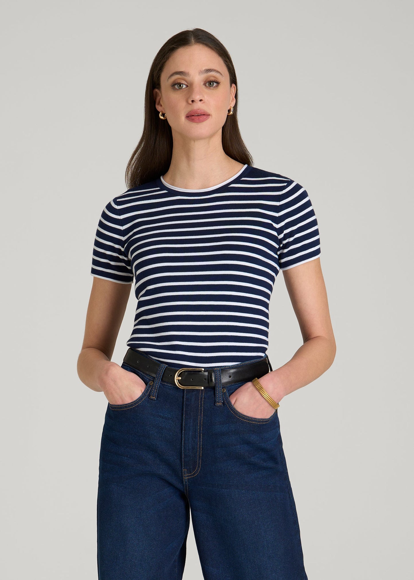 Cropped Knit Tee for Tall Women in Bold Navy Stripe