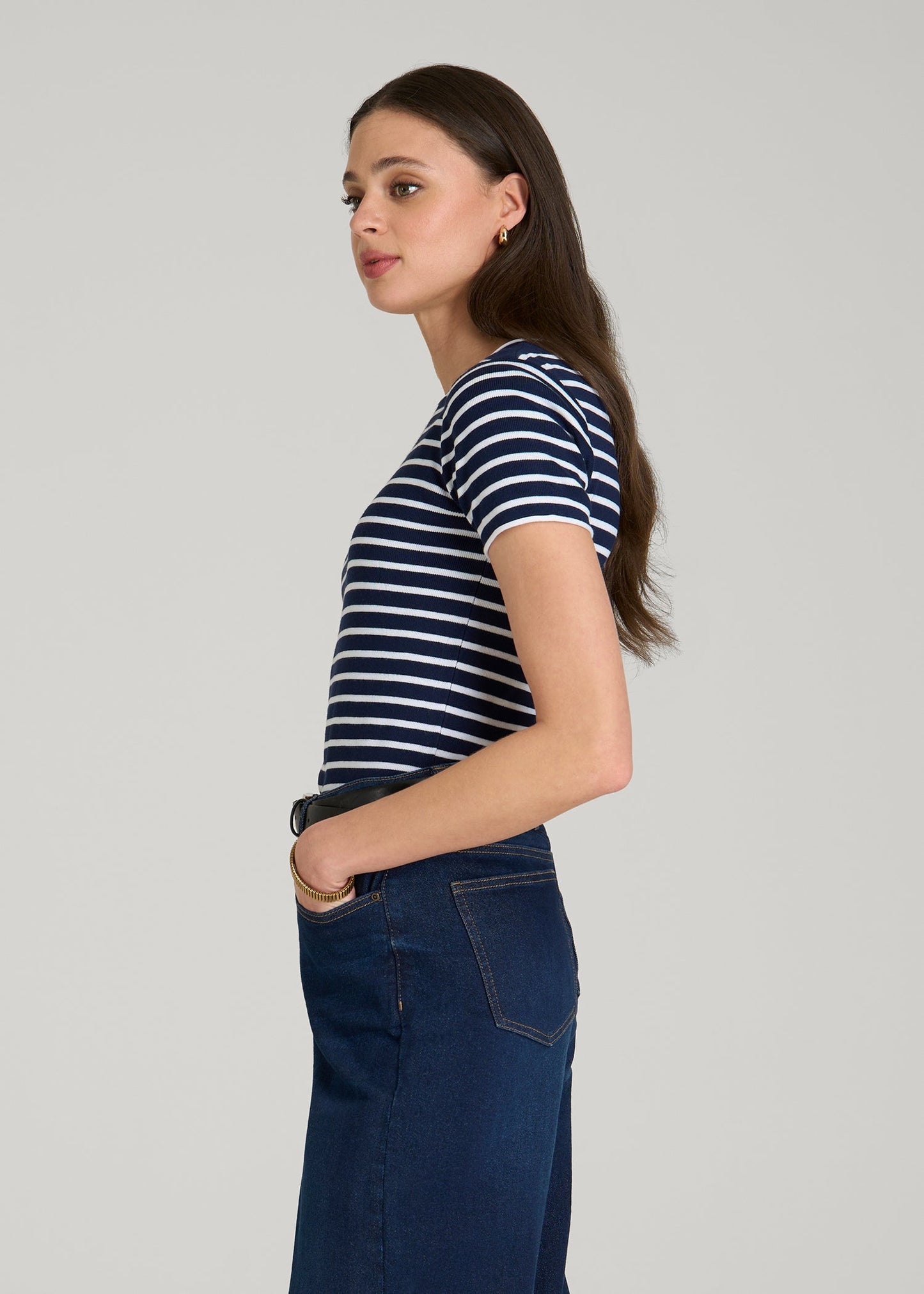 Cropped Knit Tee for Tall Women in Bold Navy Stripe