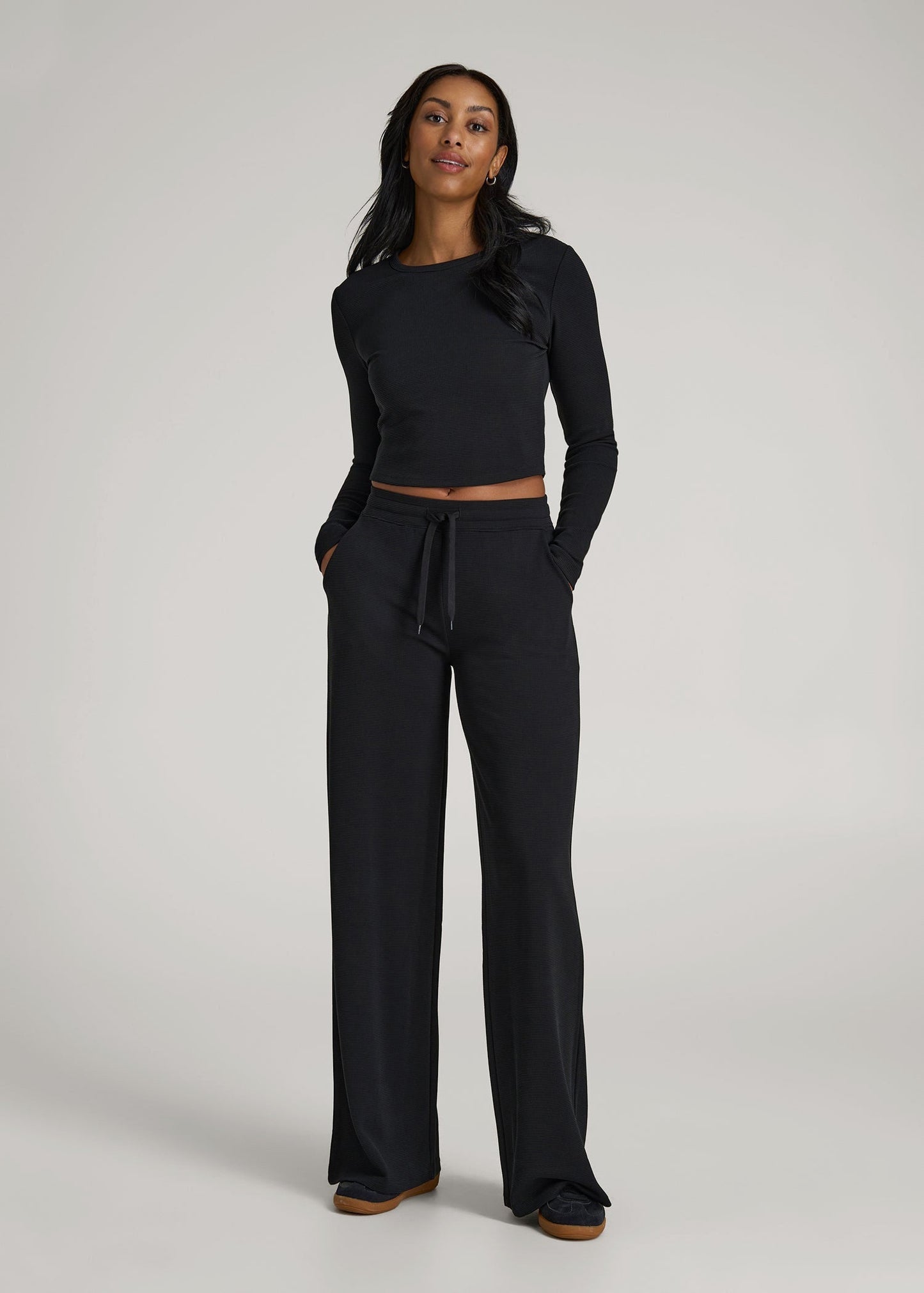 Cropped Long Sleeve Waffle Shirt for Tall Women in Black