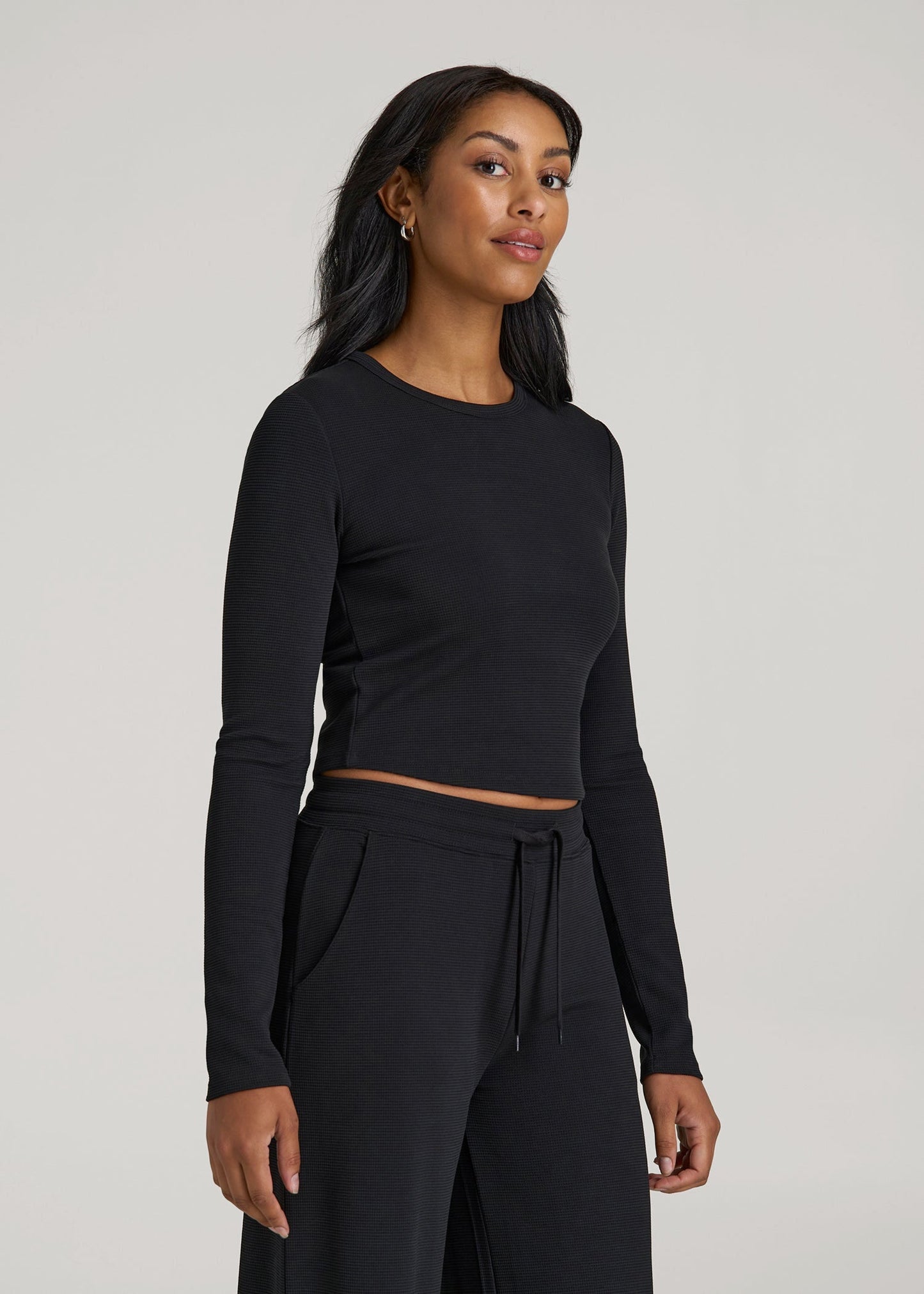 Cropped Long Sleeve Waffle Shirt for Tall Women in Black