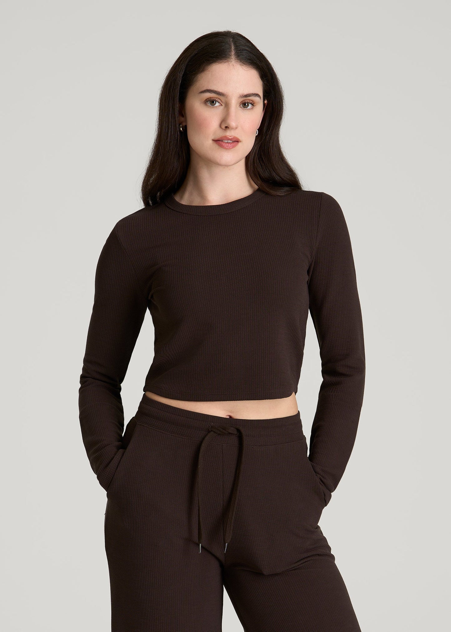 Cropped Long Sleeve Waffle Top for Tall Women in Espresso