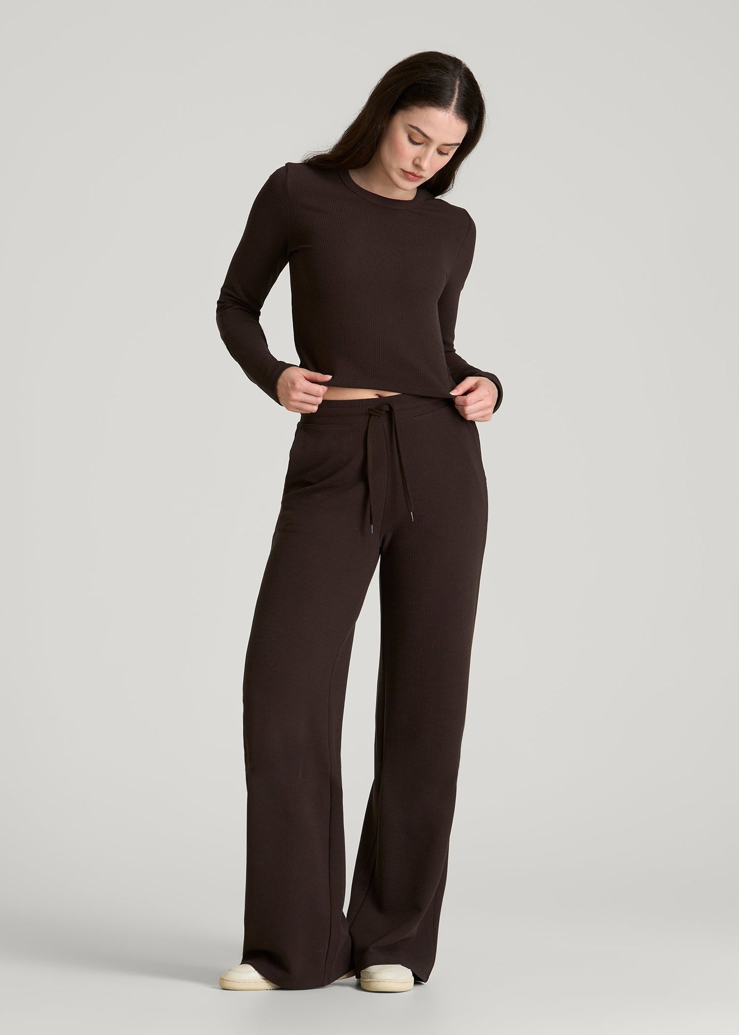 Cropped Long Sleeve Waffle Top for Tall Women in Espresso