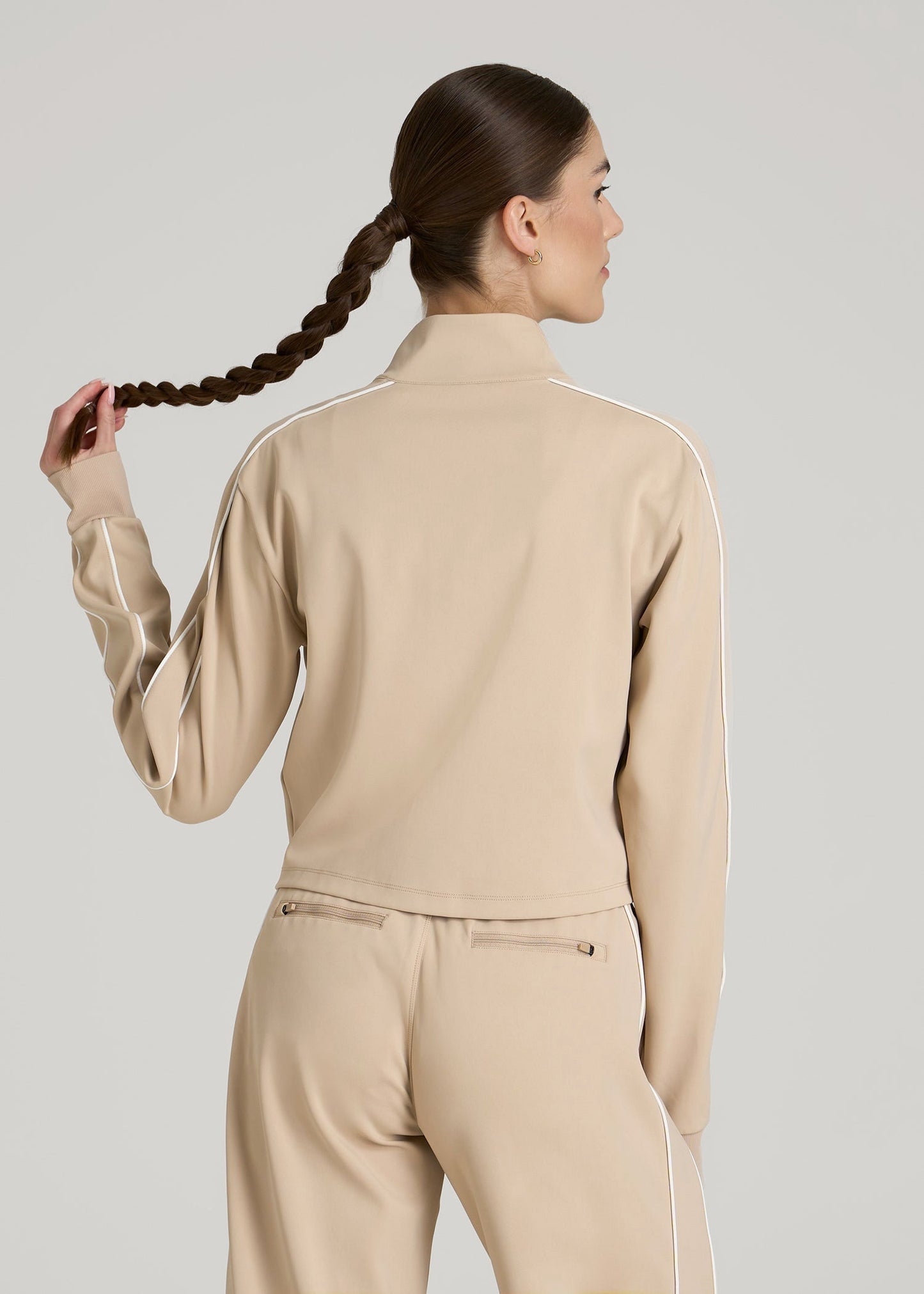 Cropped Track Jacket with Piping for Tall Women in Clay