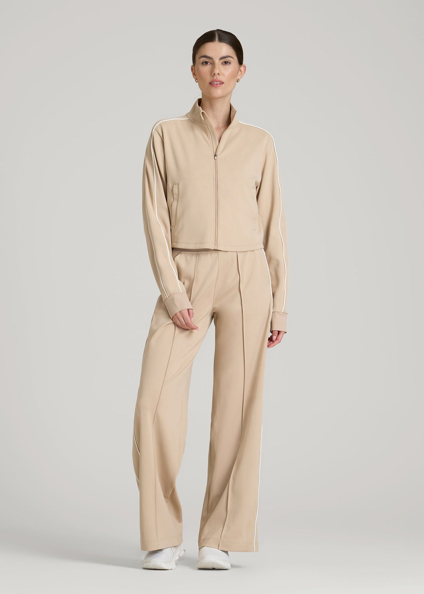 Cropped Track Jacket with Piping for Tall Women in Clay