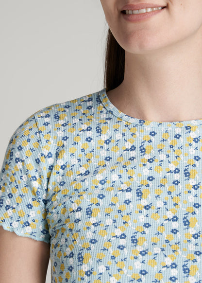 Cropped Waffle Tee for Tall Women in Corydalis Blue Floral