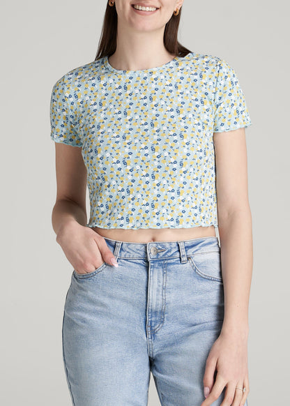 Cropped Waffle Tee for Tall Women in Corydalis Blue Floral