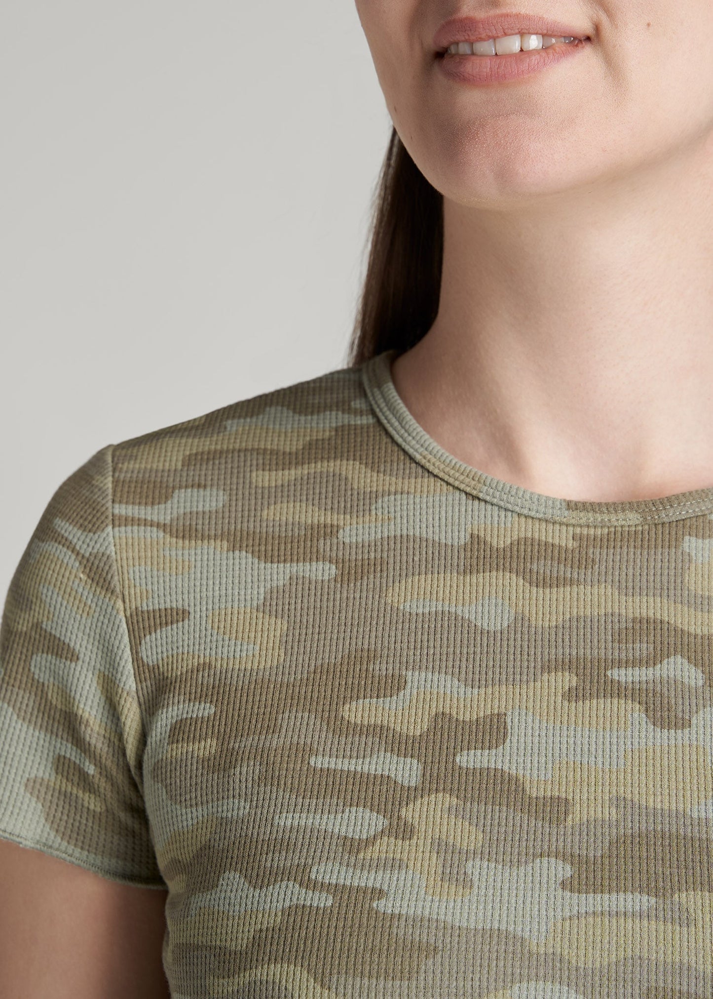 Cropped Waffle Tee for Tall Women in Green Camo Print