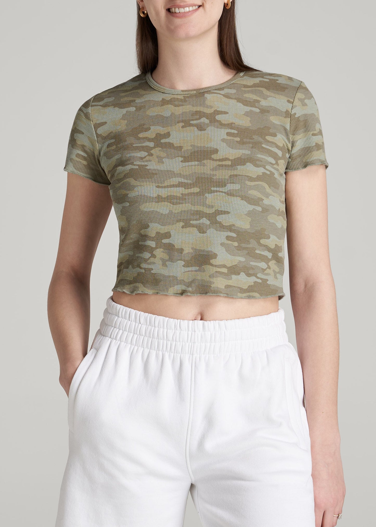 Cropped Waffle Tee for Tall Women in Green Camo Print