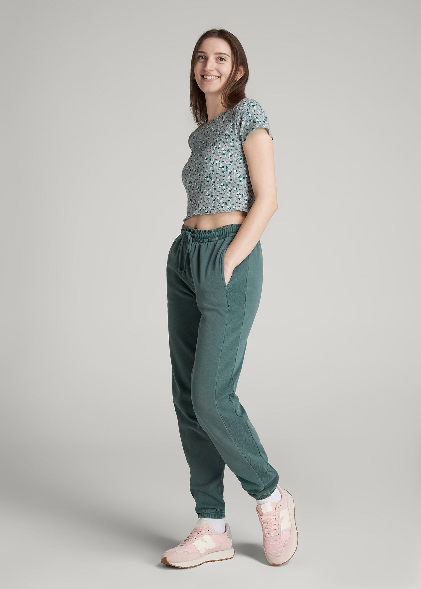 Cropped Waffle Tee for Tall Women in Seaglass Floral