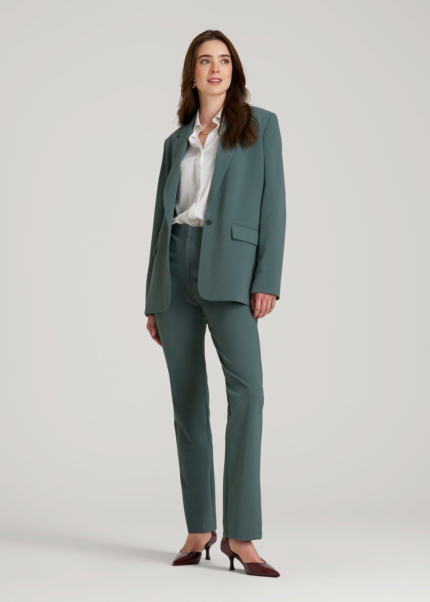 Boyfriend Fit Single-Button Blazer for Tall Women in Balsam Green
