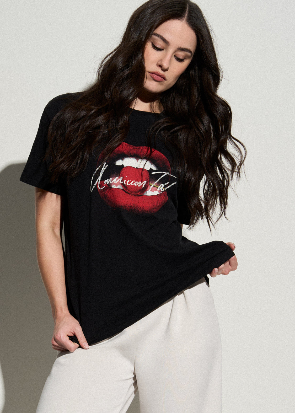 Black Cherry Lips Graphic Tee for Tall Women in Black