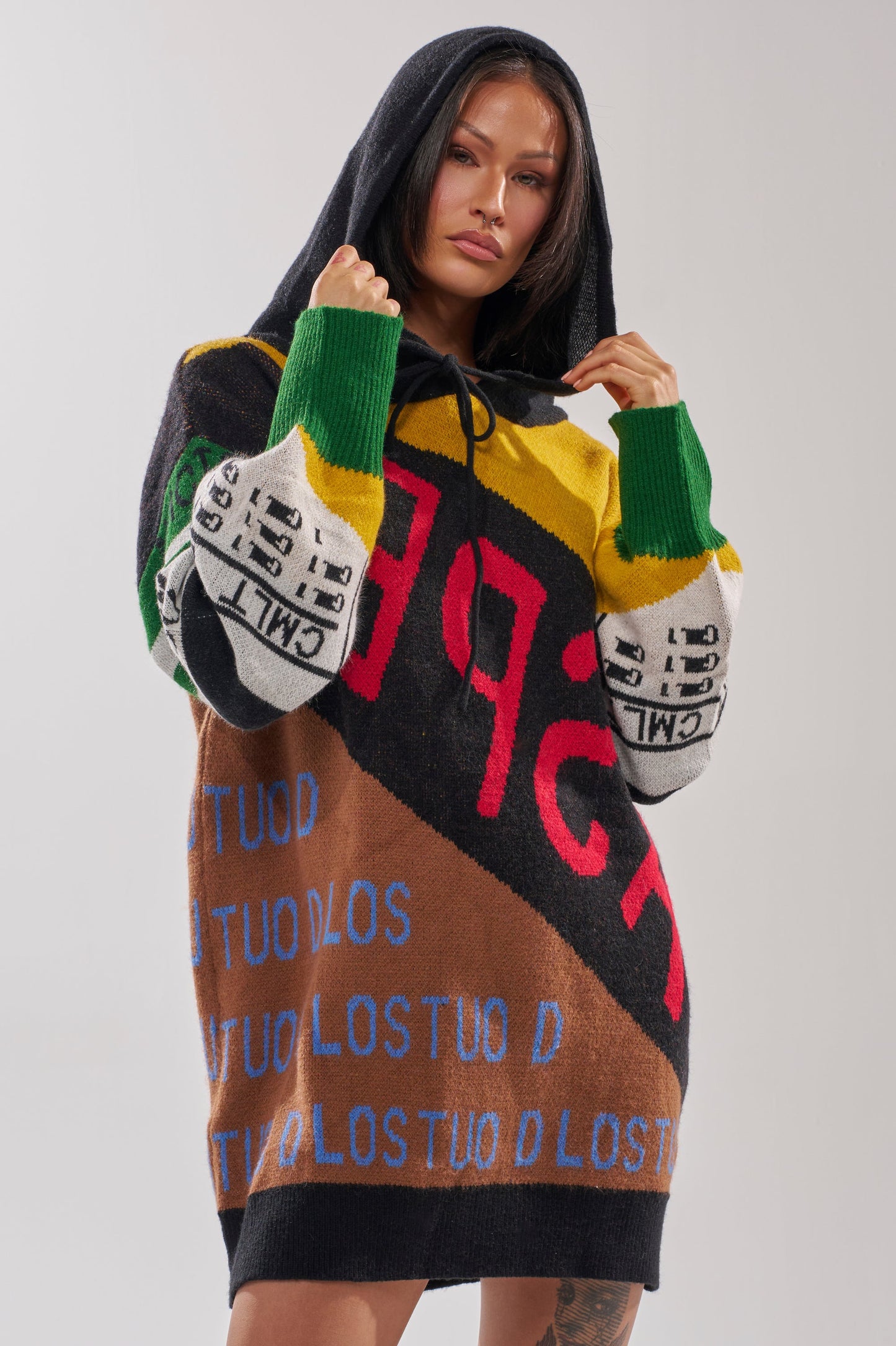 ALPHA FEMALE HOODED SWEATSHIRT DRESS IN YELLOW MULTI