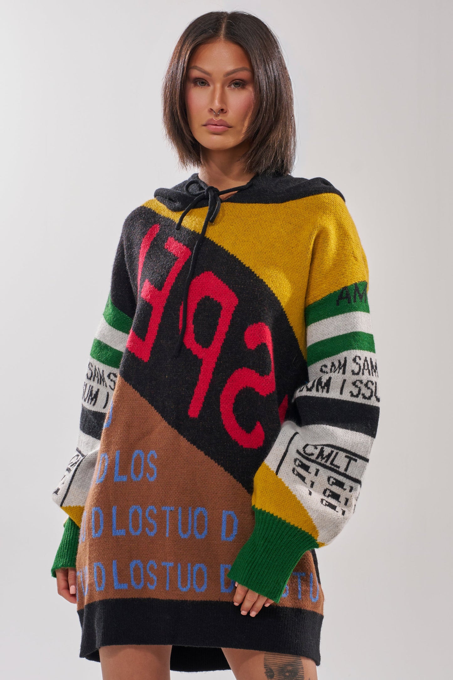 ALPHA FEMALE HOODED SWEATSHIRT DRESS IN YELLOW MULTI