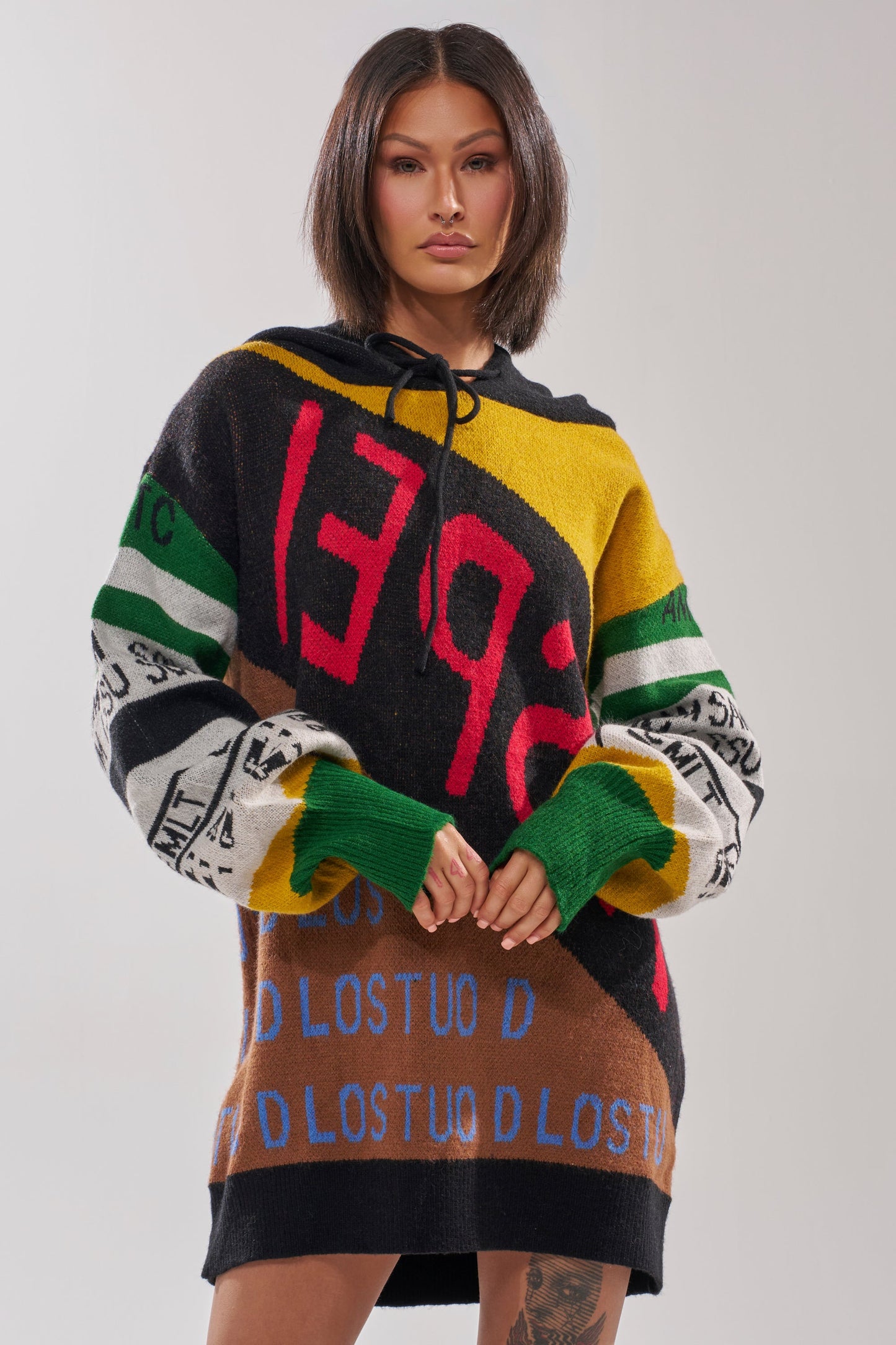 ALPHA FEMALE HOODED SWEATSHIRT DRESS IN YELLOW MULTI