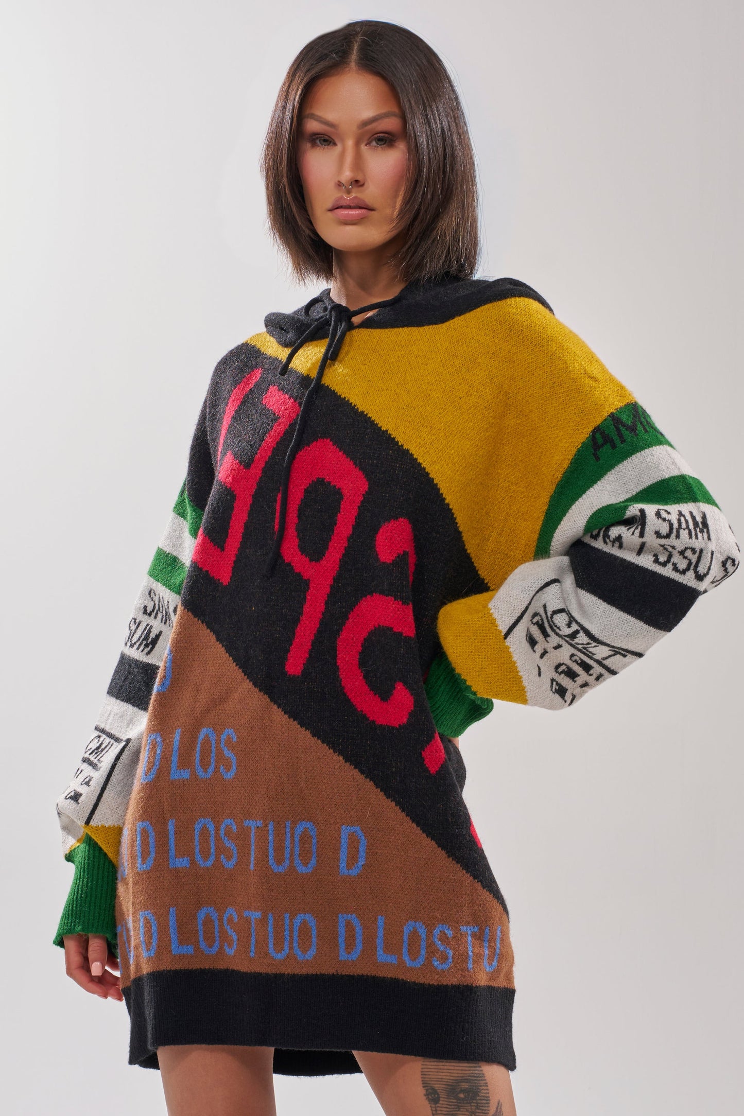 ALPHA FEMALE HOODED SWEATSHIRT DRESS IN YELLOW MULTI
