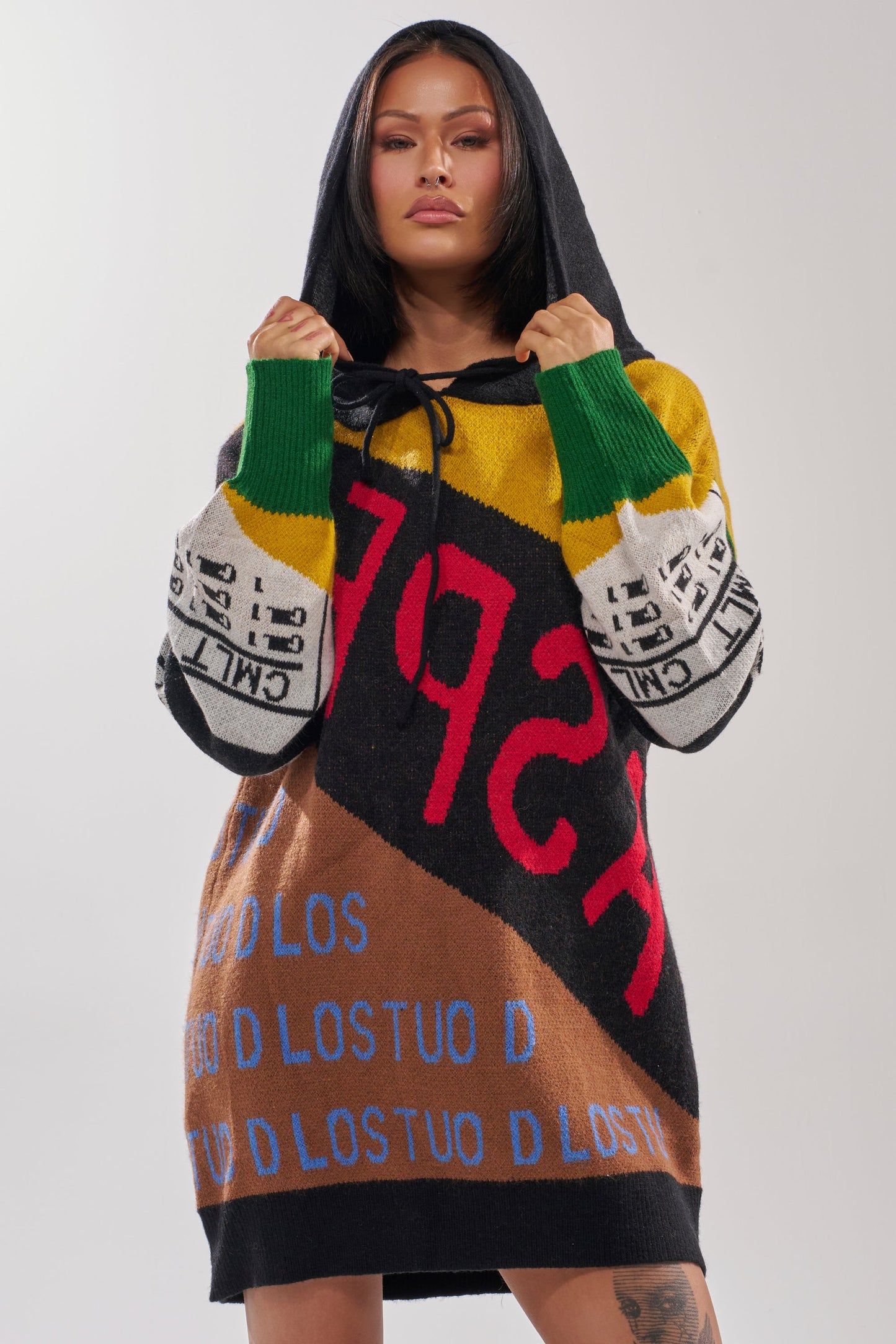ALPHA FEMALE HOODED SWEATSHIRT DRESS IN YELLOW MULTI