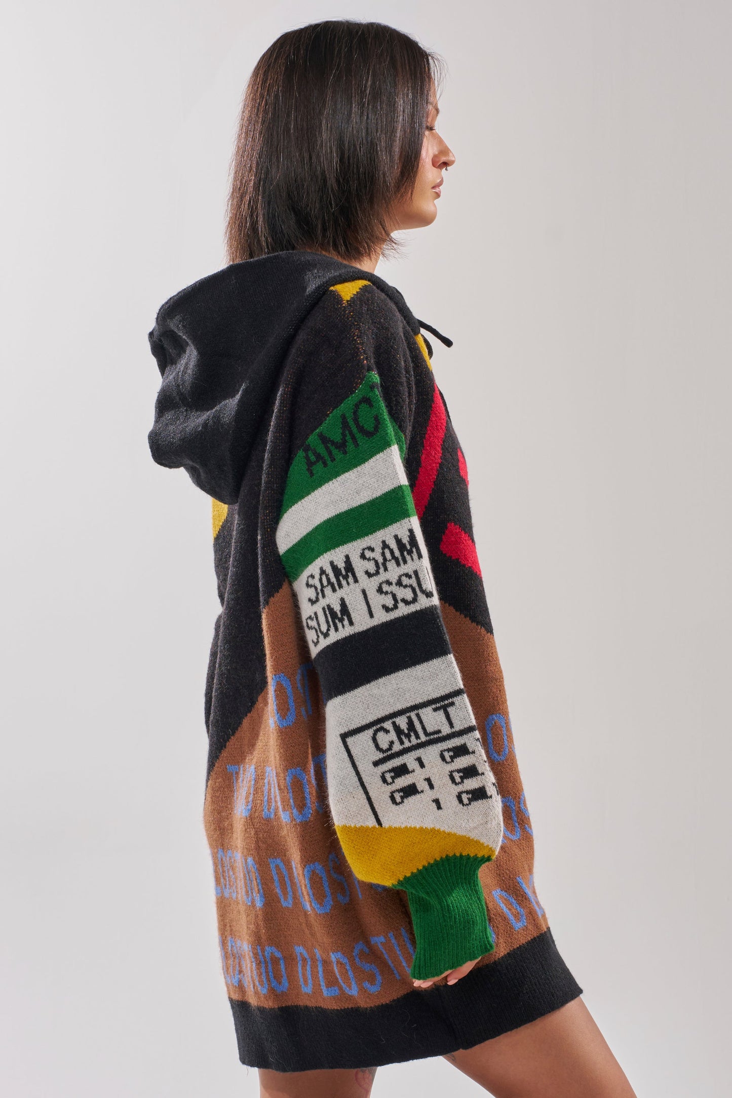 ALPHA FEMALE HOODED SWEATSHIRT DRESS IN YELLOW MULTI