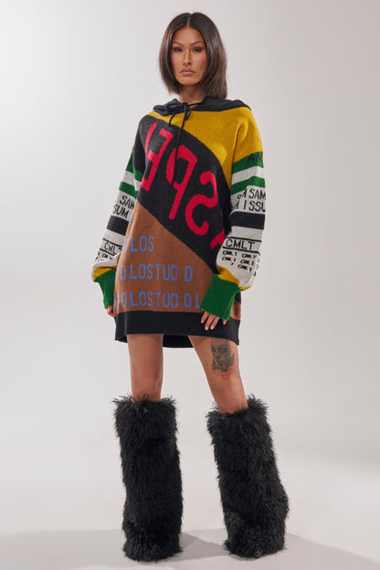 ALPHA FEMALE HOODED SWEATSHIRT DRESS IN YELLOW MULTI