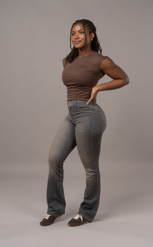 Womens Flared Mid Waisted Fitjeans - Warm Grey