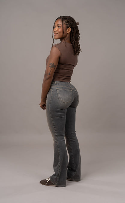 Womens Flared Mid Waisted Fitjeans - Warm Grey
