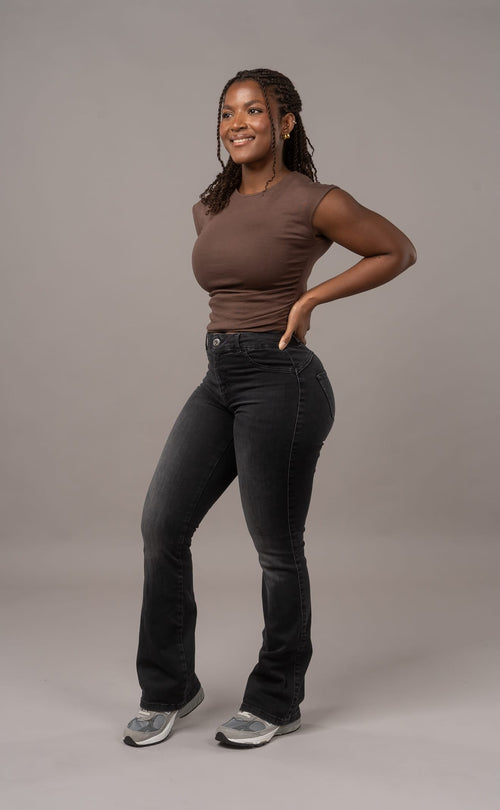 Womens Flared Mid Waisted Fitjeans - Worn Black