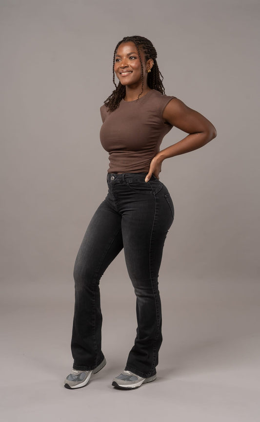 Womens Flared Mid Waisted Fitjeans - Worn Black