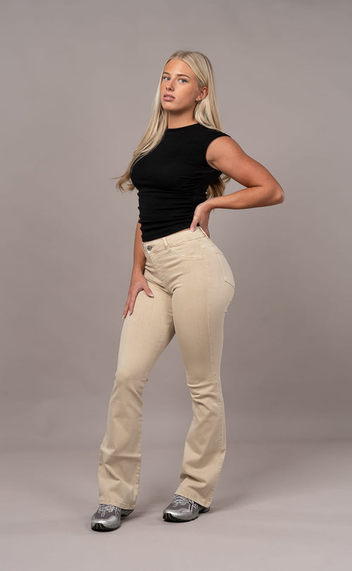 Womens Pastel Flared Mid Waisted Fitjeans - Sand